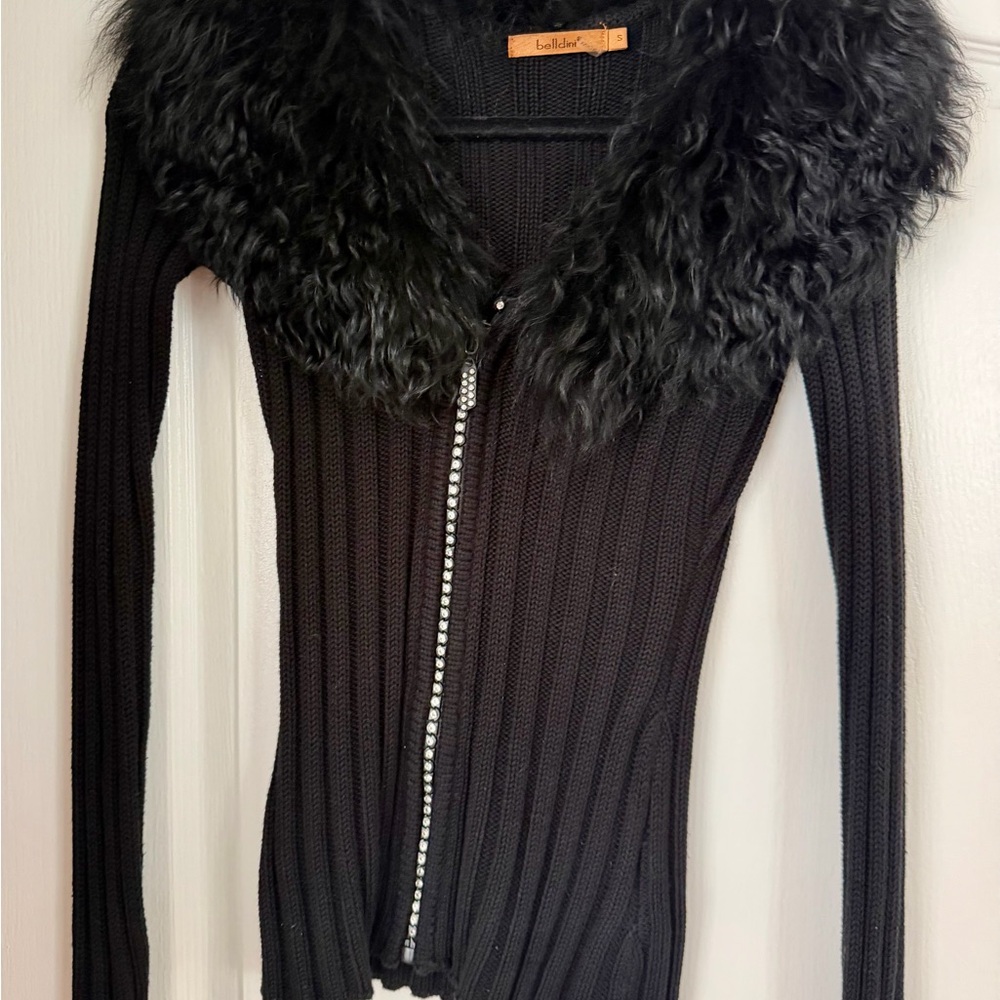Belldini Black Ribbed Zip Cardigan with Faux Fur Collar